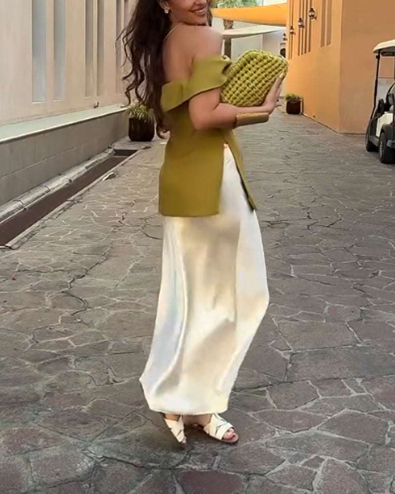 Elegante conjunto de dos piezas de falda y top con hombros descubiertos