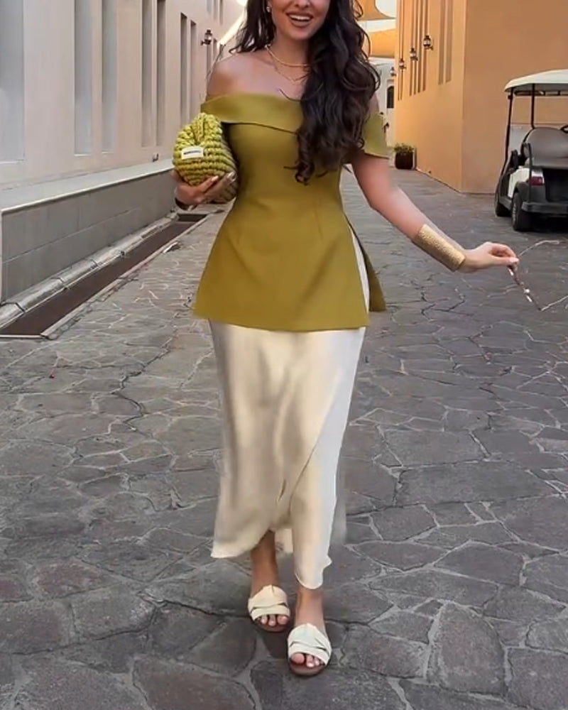Elegante conjunto de dos piezas de falda y top con hombros descubiertos